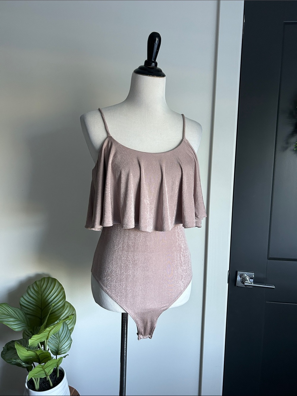 Timing XL Ruffle Flounce Bodysuit in beige taupe